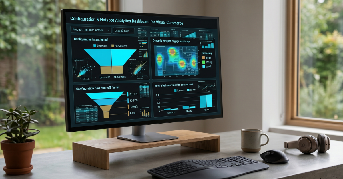 Computer in a home workspace showing a dashboard full of buyer behavior analytics pulled from visual commerce data
