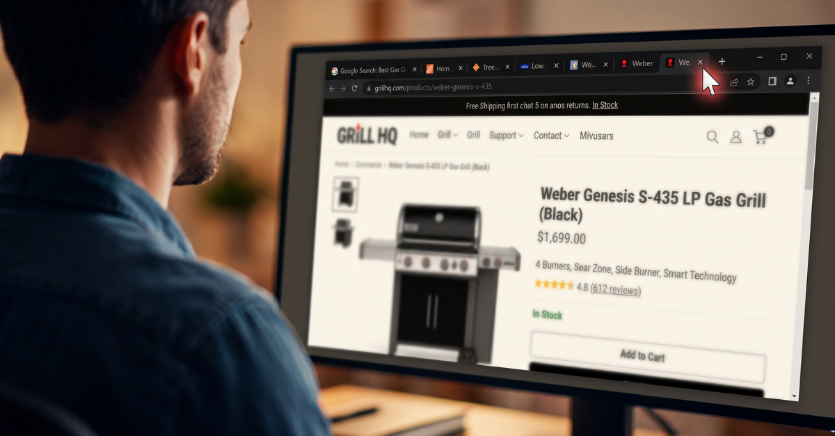 A man views a Weber grill product page at a wooden desk at night. Multiple browser tabs are open for research. The large, red-glowing cursor hovers over the active tab's 'close' button.