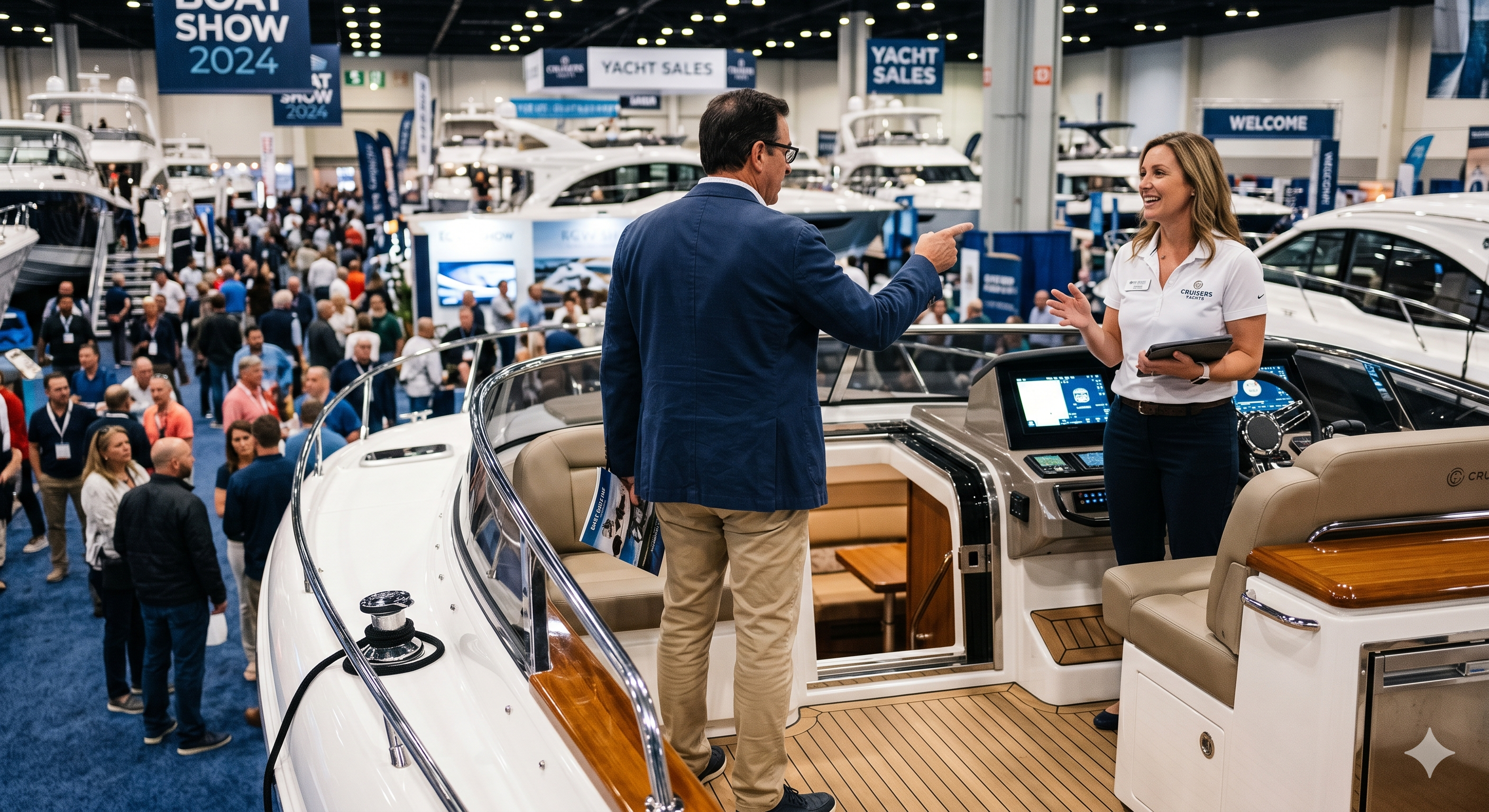 Patron attending a boat show speaking with a saleswoman