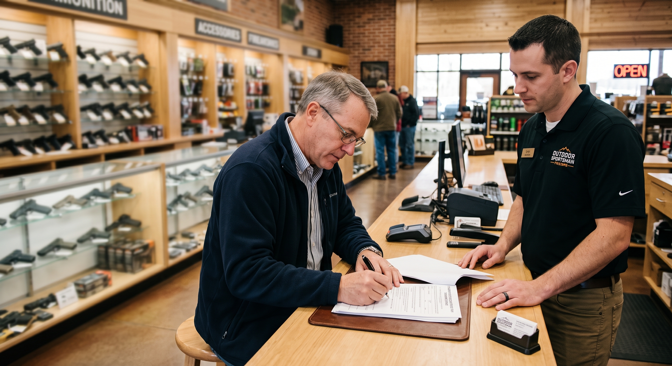 A firearms dealer and customer completing a standard background check at a retail counter, reflecting the same-day suppressor purchase process now in effect in 27 states