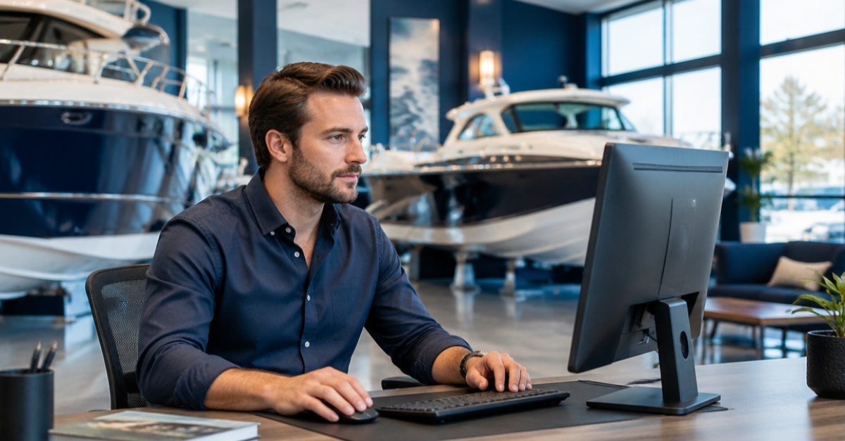 A marine sales professional reviews customer data at a desk inside a boat dealership showroom, with two luxury powerboats displayed on the floor behind him.