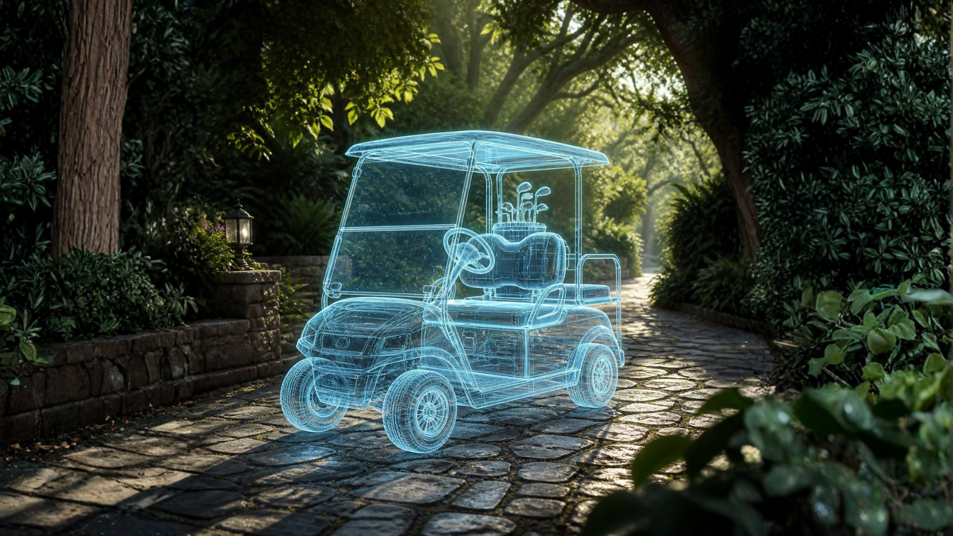 A glowing blue wireframe golfcart along a cobblestone path through a lush green garden tunnel of trees, with a lantern on the left and dense foliage on both sides.