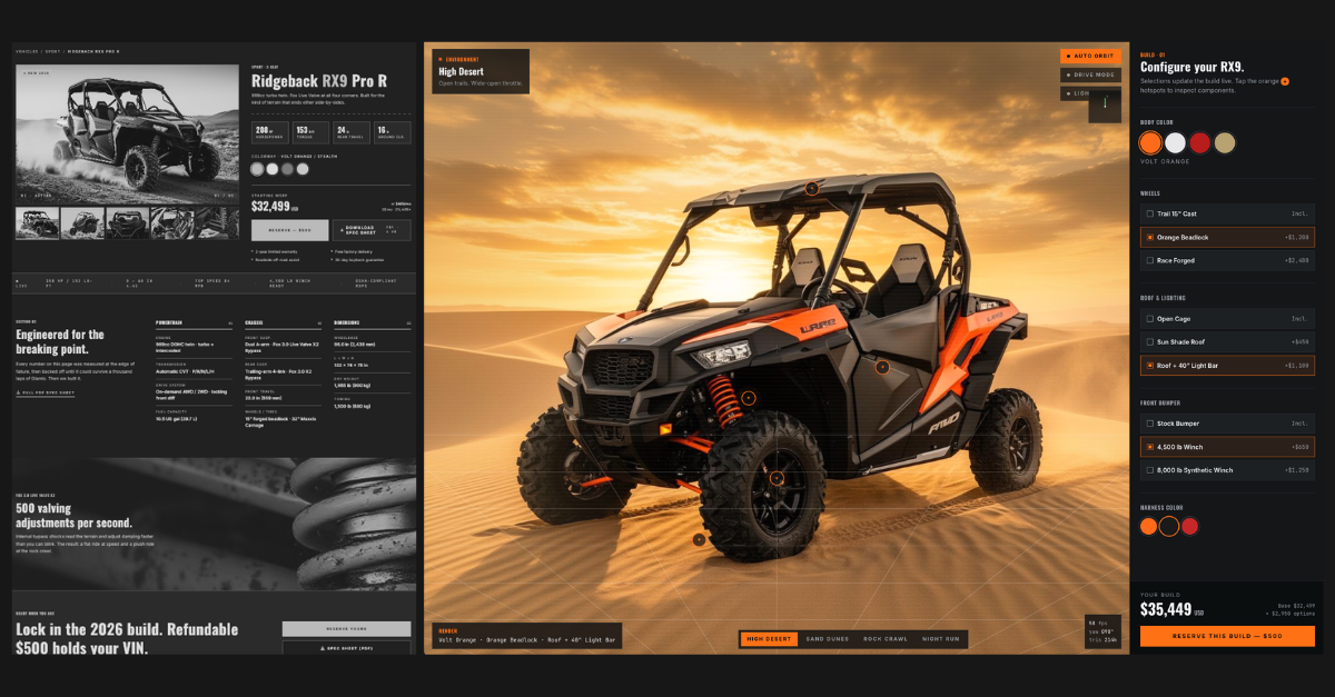 A side-by-side UTV configured in Volt Orange, rendered in a desert environment with a live build panel showing color, wheel, and accessory options.A side-by-side UTV configured in Volt Orange, rendered in a desert environment with a live build panel showing color, wheel, and accessory options.