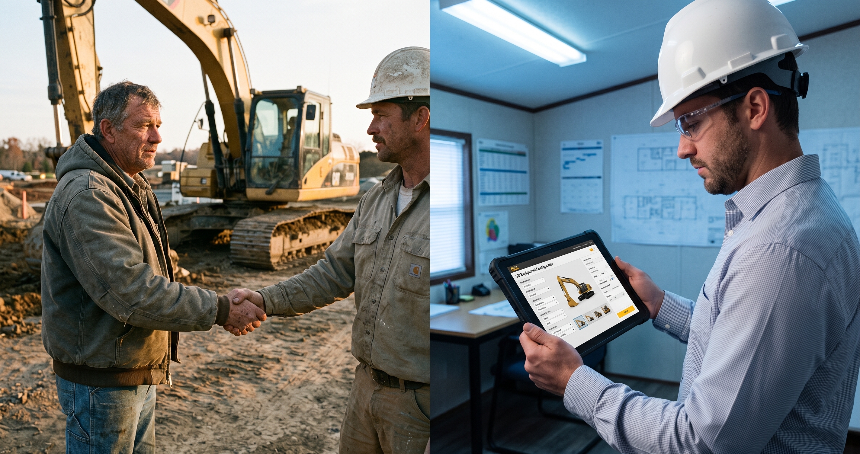 Editorial photograph, hard vertical split composition. Left half: a weathered dealer principal in a work jacket shaking hands with a contractor in front of a yellow excavator on a dusty job site, visible wear on both people and machine. Right half: a younger project manager in a hard hat looking at a tablet displaying a clean 3D equipment configurator interface. 