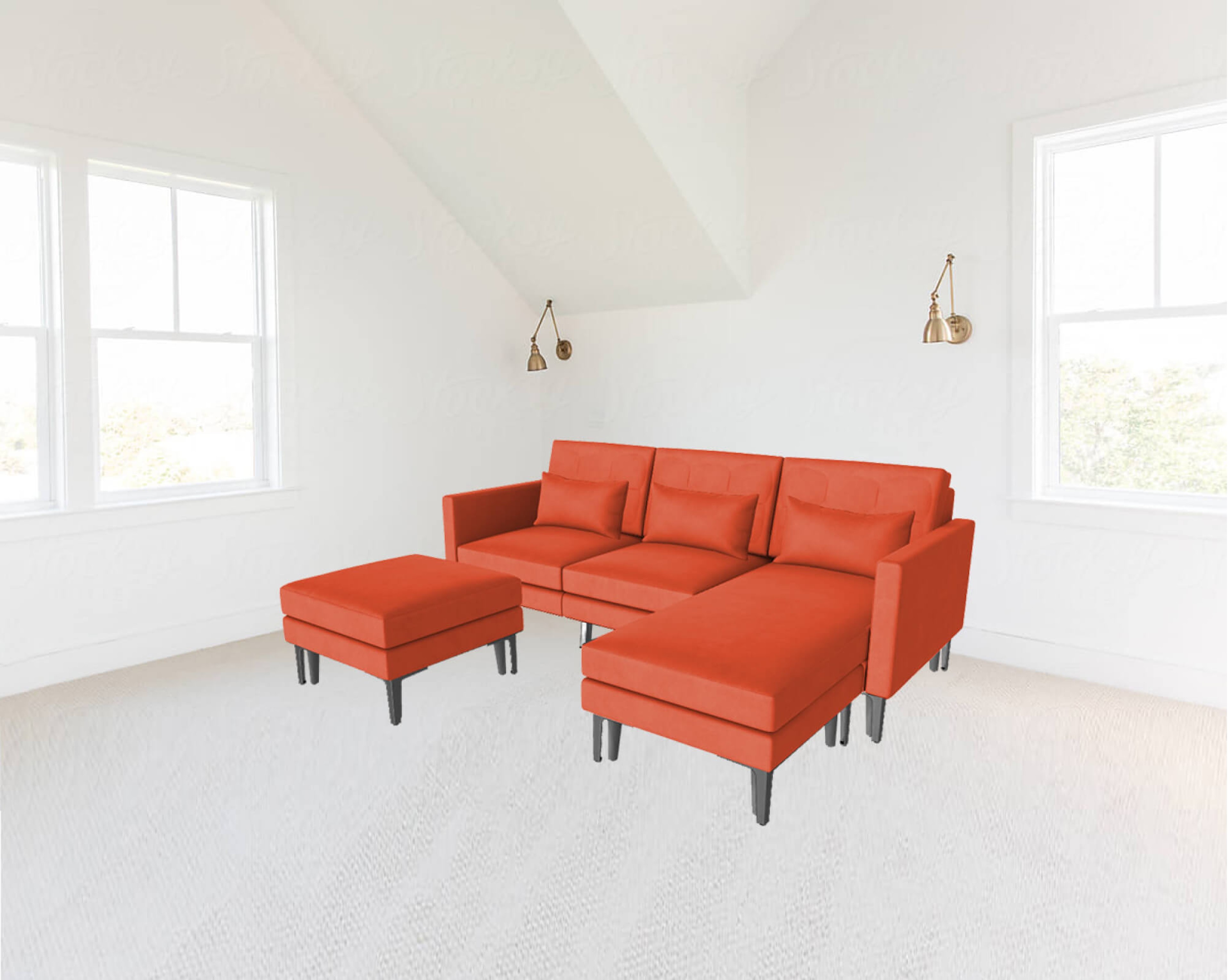 An orange AR couch sitting in a white room.