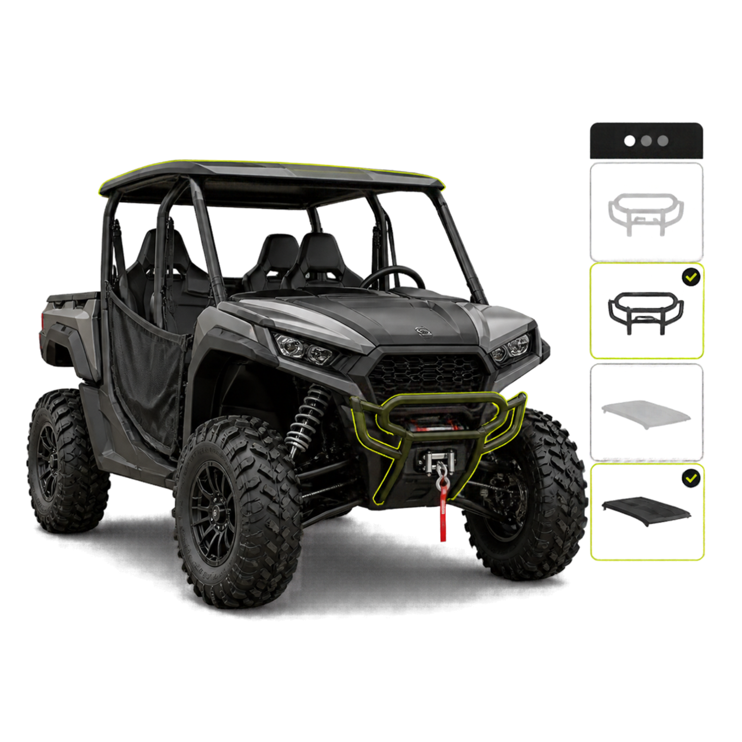 side-by-side UTV with a configuration panel showing swappable accessories like a winch bumper and roof.