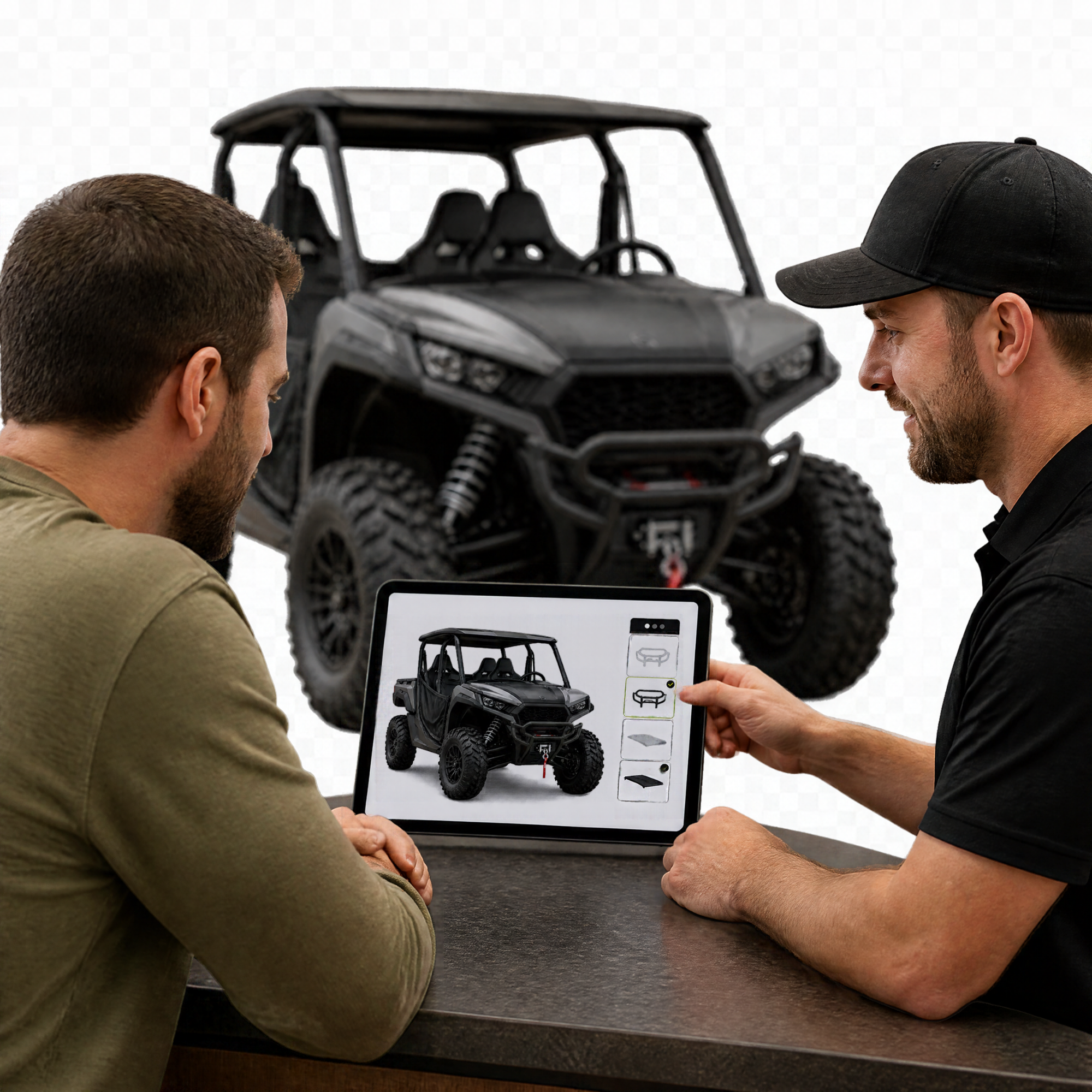 Dealer and customer reviewing a configured 3D ATV on a tablet at a dealership counter