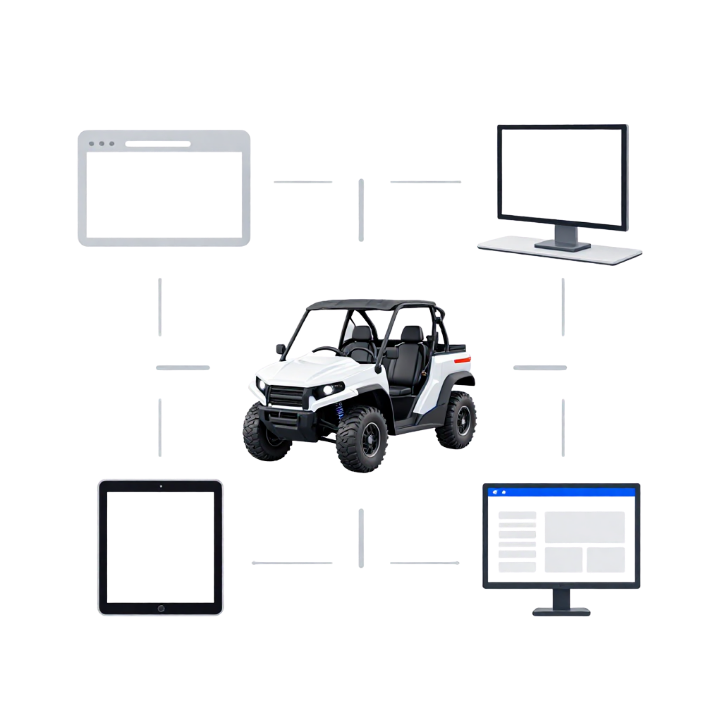 One 3D machine model connected to a website, dealer tablet, trade show display and sales deck, showing a single source of truth.