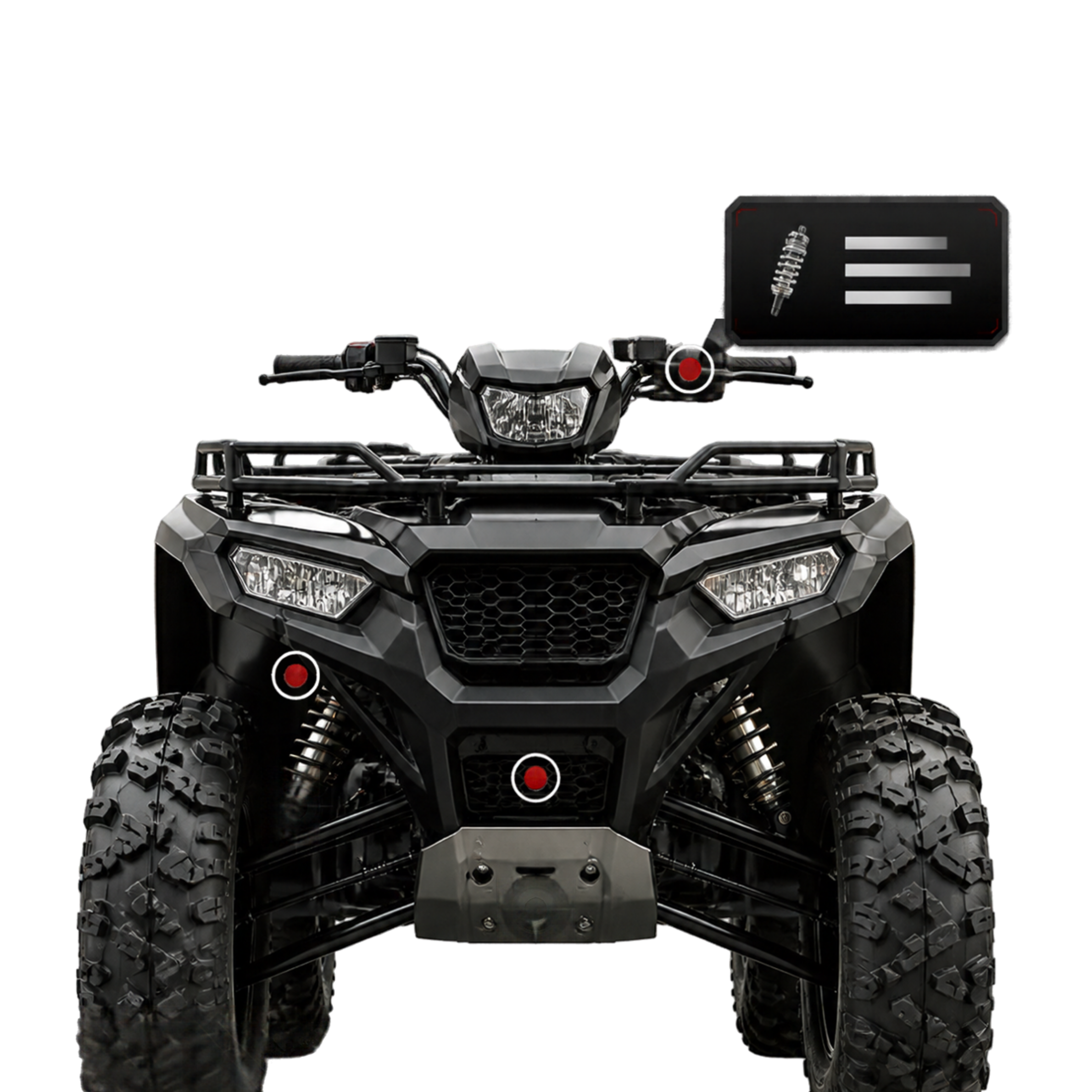 Close-up 3D machine with hotspot markers on suspension and skid plate, one expanded to show part details